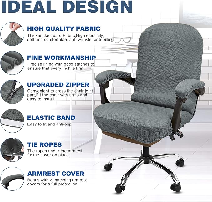 NeColorLife Office Chair Cover,Computer Seat Cover with Armrest Covers, Stretchable Jacquard Desk Chair Slipcover for High-Back Rotating(Large Size,Grey)