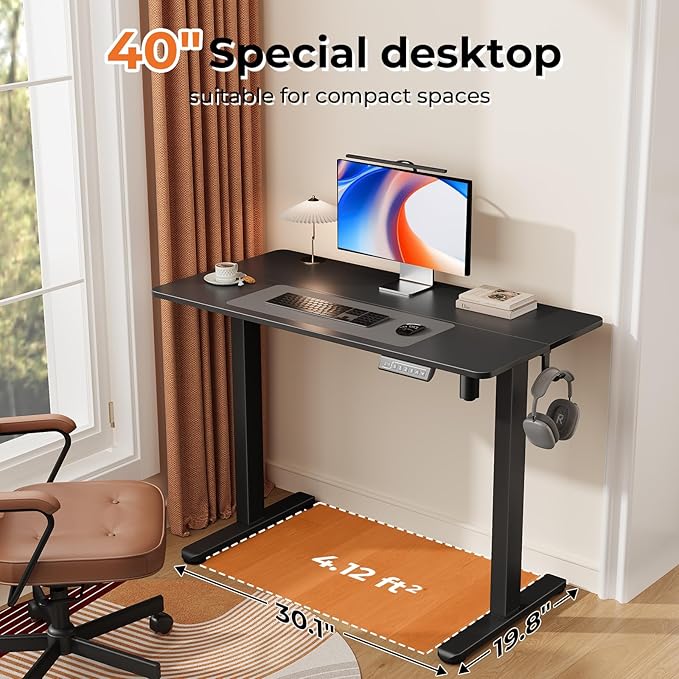 Electric Standing Desk, 40" ×20" Samll White Standing Table, Height Adjustable Compact Sit Stand Desk with Splice Board, Home Office Table with 2 Hooks, Black