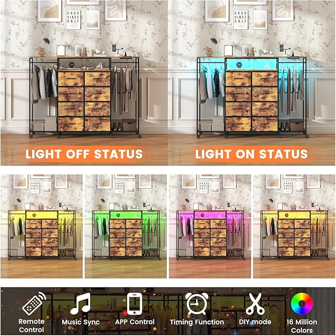 59.1" W Dresser for Bedroom with Hanging Rack, 8 Drawer Dresser with LED Lights & Charging Station, Fabric Dressers with Portable Wheels,Metal Frame, Wooden Top (Rustic Brown)