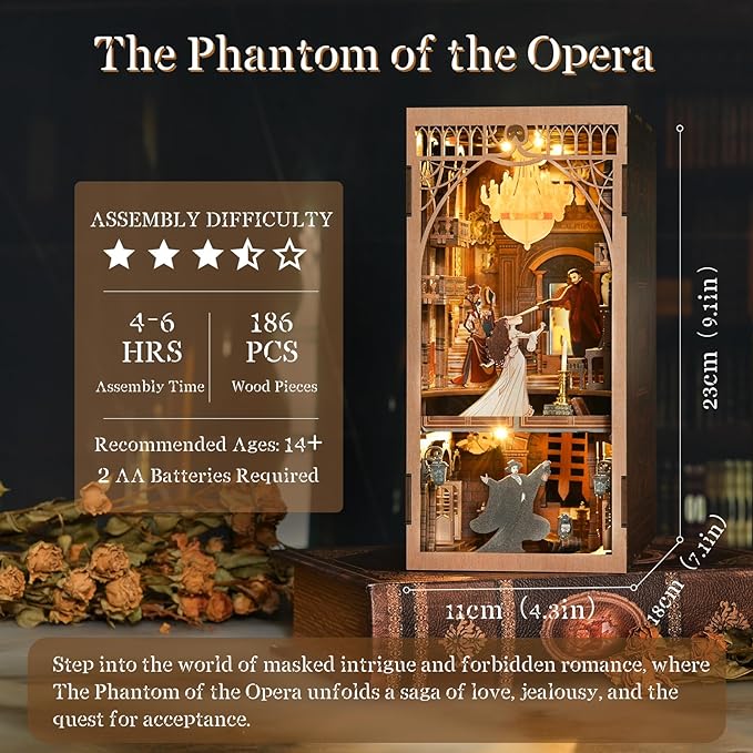 MiniCity DIY Book Nook Kit, Miniature Dollhouse Booknook Kit, 3D Wooden Puzzle Bookend Bookshelf Insert Decor with LED Light for Teens and Adults (Phantom of The Opera)