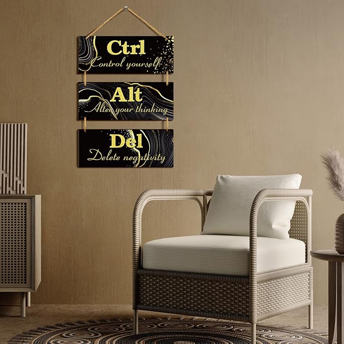 Qunclay Black and Gold Office Wall Decor Ctrl Alt Del Inspirational Rustic Wall Hanging Wooden Signs Motivational Art with Sayings Motivational Plaques for Home Living Room Decoration, 10 x 4 Inch