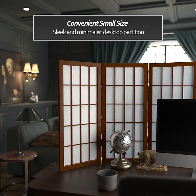 2 ft. Short Desktop Window Pane Shoji Screen - Walnut - 3 Panels