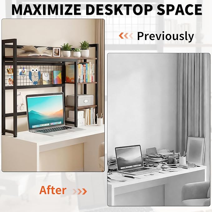 Desktop Shelf, 32.3'' Desktop Organizer Shelf for Computer Monitor, 4 Tier Hutch Storage Rack for Home Office Dorm, Rustic Brown
