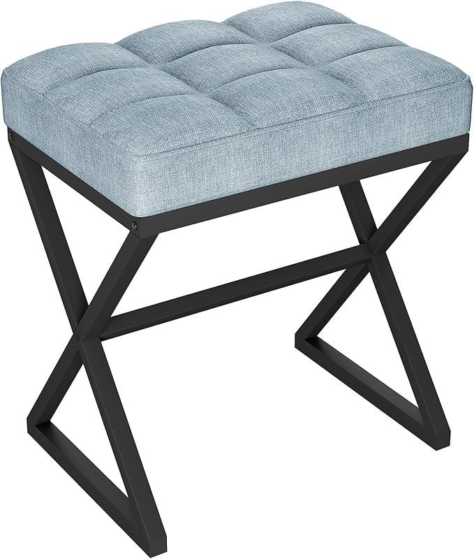 YMYNY Vanity Stool, Linen Footrest Stool, Ottoman Bench with X-Shaped Metal Legs, Makeup Dressing Stool for Vanity, Living Room, Bedroom, Entryway, Hallways 15.74"D×11.81"W×18.11"H Blue Gray UHBD033L