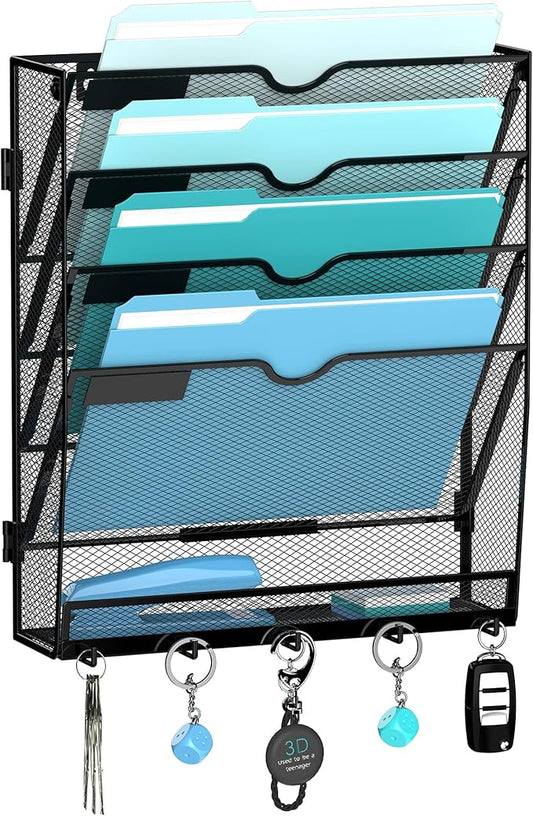 5 Tier Wall File Organizer - Hanging File Organizer with 5 Hooks, Mail Holder Wall Mounted for Papers, Folders, Magazines, Bills, Office&School Organization, Black
