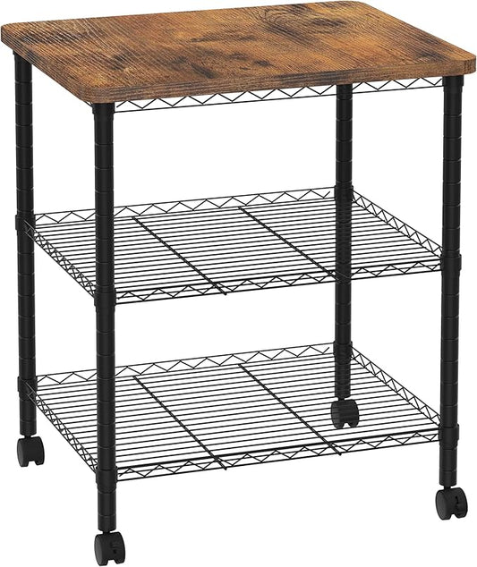 Printer Stand with Locking Wheels, Adjustable Heights 3 Tier Under Desk Table, Rolling Printer Cart Storage Paper Files Holder for Desk, Office, Home, Rustic Brown