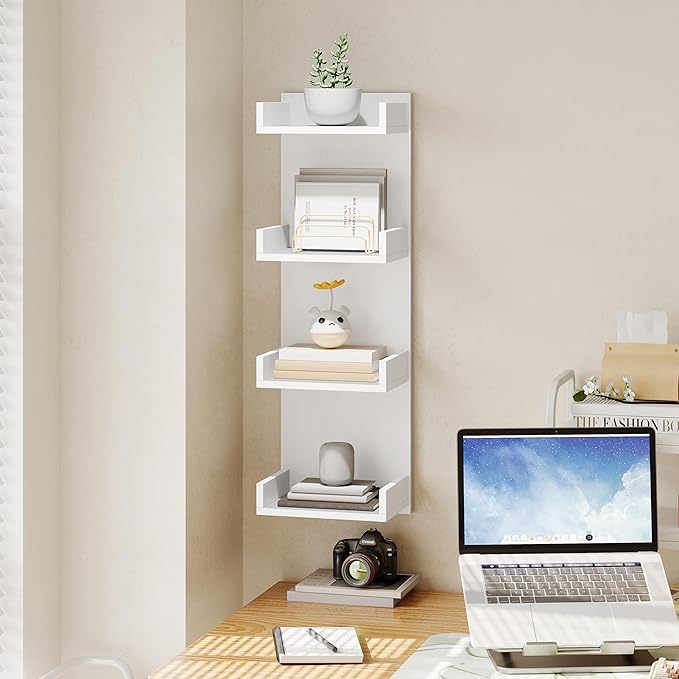 HOOBRO Floating Wall Shelves with LED Lights, Floating Shelf Wall Mounted for Storage, Vertical Display Stand, Modern Column Rack, for Bedroom, Livingroom, 4-Tier, 35.8 Inches, White, WT41DBJ01