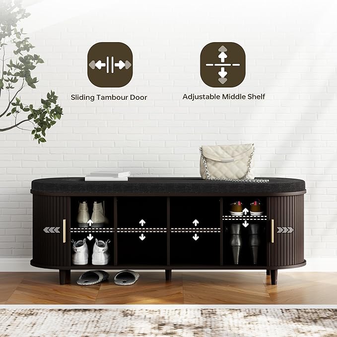 DHH 2-Tier Storage Bench,Wide Shoe Bench with Thickened Padded Seat Cushion, Mid Century Modern Fluted Sliding Door and Adjustable Shelf, for Entryway, Living Room, Bedroom (Dark Walnut, 51.2”)