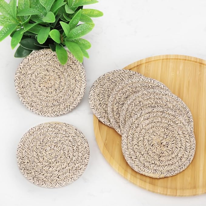 ABenkle Drink Coasters with Holder Set of 10, Cotton Woven Absorbent Coasters for Drinks, Minimalist Home Decor Coaster Set for Wooden Tabletop Protection Table, 4.3 inches