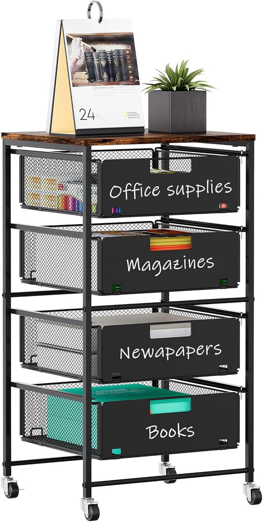 4-Drawer Storage Organizer, Under Desk Rolling File Cart with Lockable Wheels, Multi-Layer Mobile Filing Cabinet, Utility Craft Cart for Home Office,Black