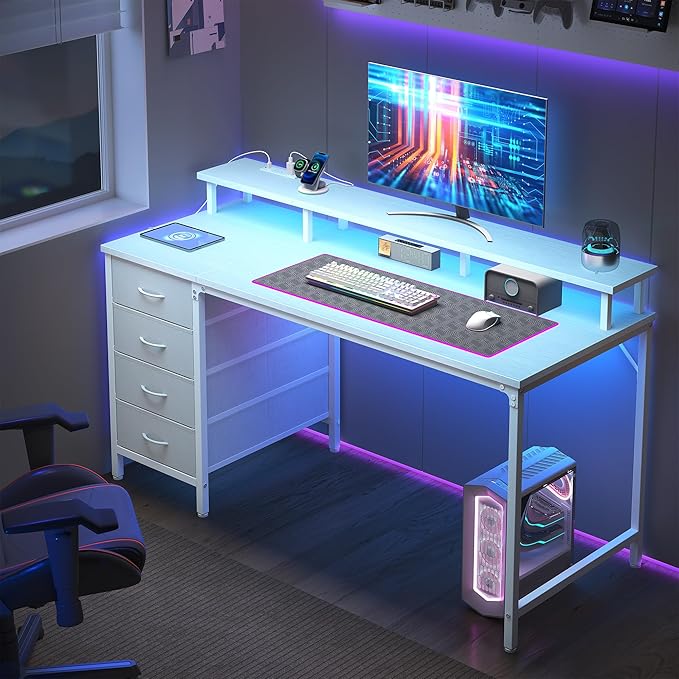 DUMOS Computer Desk with 4 Drawers,4 Drawer Gaming Desk with Power Outlets and LED Lights,Office Desk for Small Spaces with Monitor Shelf,Writing Desk for Home Office, Bedroom,Study 45 Inch White