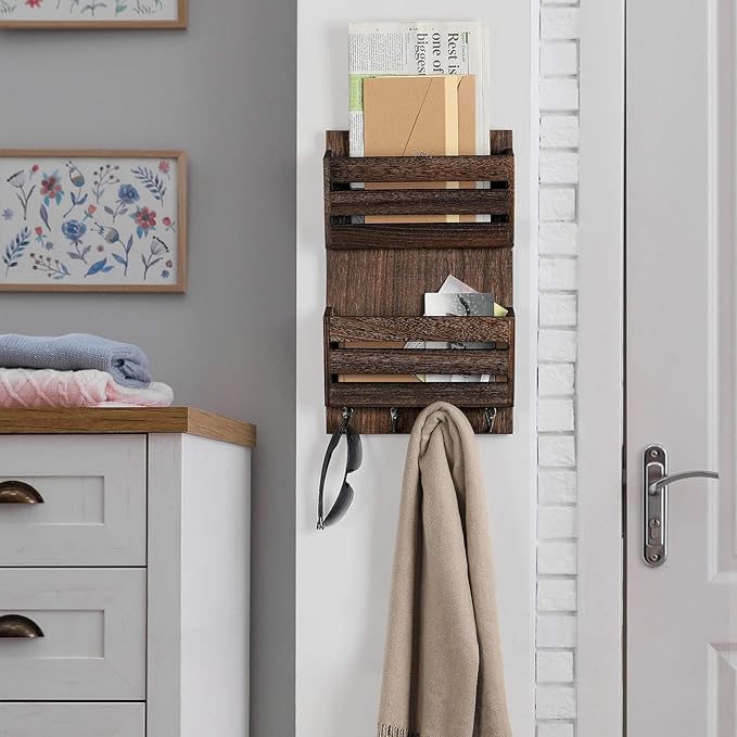 BTY Mail Holder for Wall, Wooden Mail Sorter with 4 Key Hooks, 2 Slot Wall Mounted Mail Sorter Letter Bills Newspaper Magazine Organizer for Entryroom Hallway Office Garage, Rustic Brown