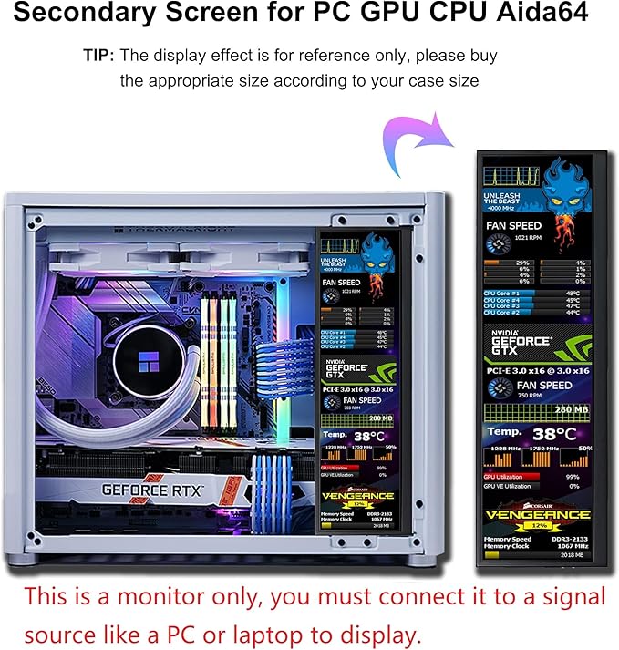 wisecoco 12.6 Inch Mini Touch Screen Monitor Secondary Screen FHD IPS Stretched Bar LCD Display 1920X515 HDMI for PC Laptop Computer Health Speed Windows Sub CPU GPU Temperature Display R126F01T-HB