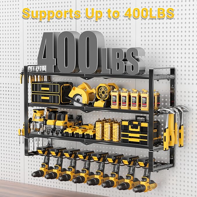 4 Layers Extra Tall Power Tool Organizer Wall Mount Loads 400lbs,Heavy Duty Metal Battery Tool Rack with 8 Cordless Drill Holders,Tool Storage Shelf For Workshop,Garage,Warehouse,Gifts for Men,Husband