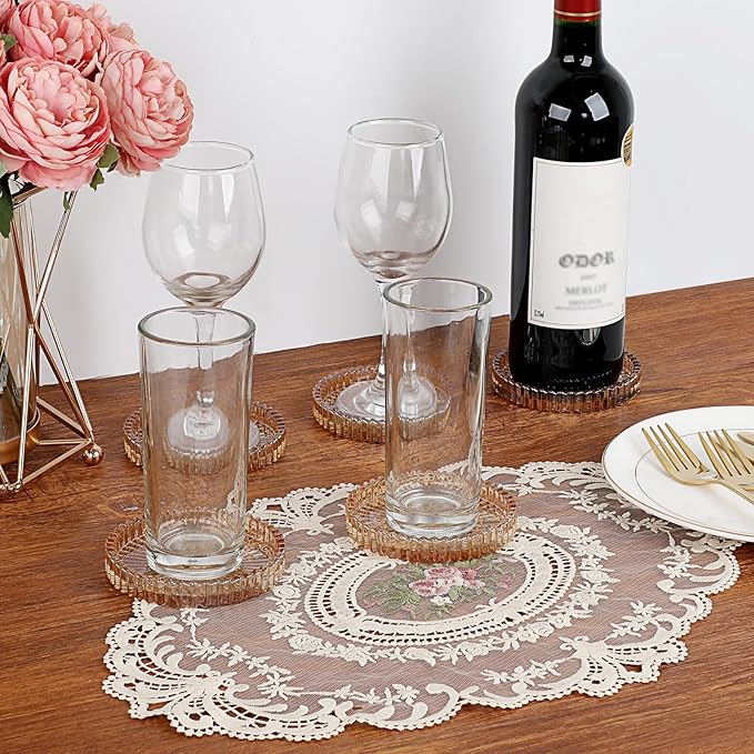 Modern Clear Coaster Set of 5- Glass Coasters for Drinks Crystal Coasters Round Cup Coasters Coffee Table Decor for Office, Kitchen, Bar, Dining Room, Living Room, Patio(Amber)