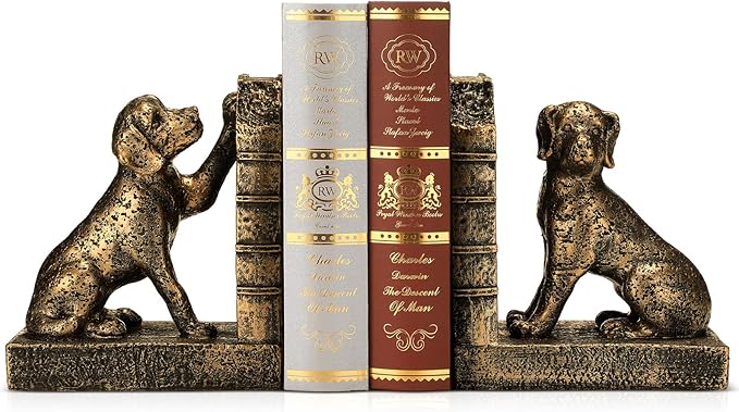 Tatuo 2 Pcs Decorative Dog Bookends for Shelves, Vintage Old-Money Book Ends for Heavy Books Labrador Dog Animal Stopper Retriever Statues with Anti-Slip Base for Book Lover Home Office Bookshelf