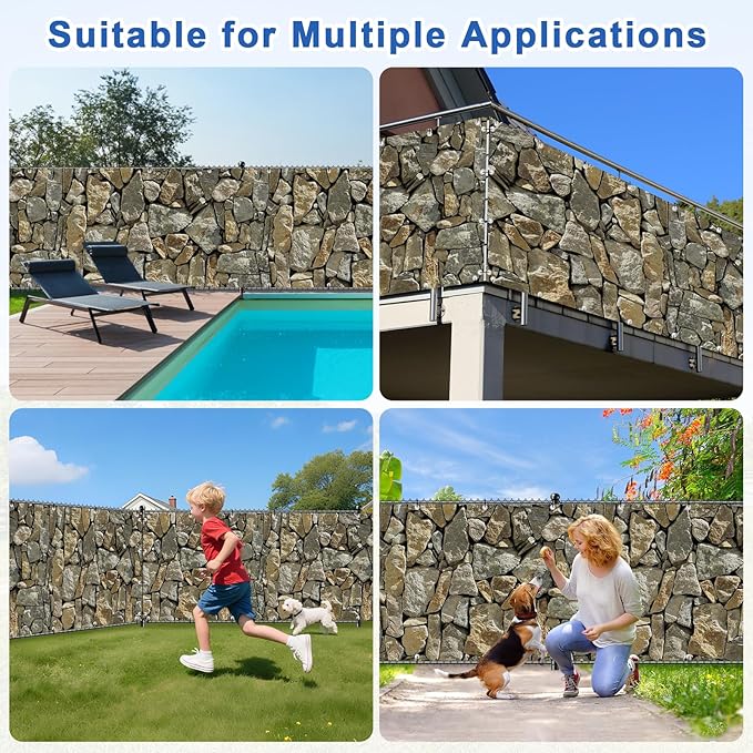 UPGRADE 3'x32'Customized PVC Privacy Fence Screen with Stone Wall Print – Outdoor Waterproof Patio Privacy Cover for Yard, Balcony, Garden Fence Decoration