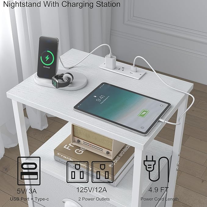 sthmec Nightstand with Charging Station, LED Night Stand Set 2, Bedside Table End Tables Set of 2, Bedroom Tables with 2 Fabric Drawers PU Finish, 3-Tier Storage Side Table for Bedroom,White