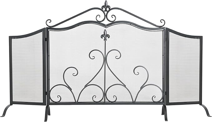 Christopher Knight Home Suho 3-Panel Iron Fireplace Screen, Foldable Fire Spark Guard with Wrought Metal Decorative Mesh, Arch Heavy Duty with Central Floral Pattern, 54" x 31.5", Black