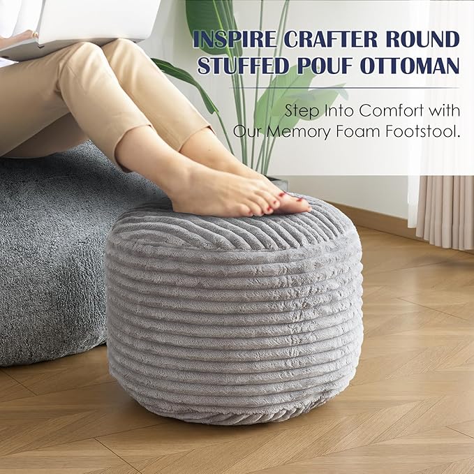 Round Pouf Ottoman,Corduroy Poufs with Memory Foam Filling for Foot Rest,Soft Footstool for Living Room,Office,20"x 15",Light Grey