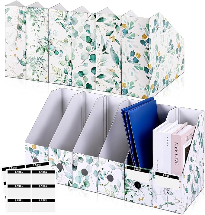 PerKoop 6 Pcs Decorative Magazine File Holders Floral Foldable File Folders Magazine Storage Boxes Rack Desk Organizer Documents with Printable Labels for School Office Home (Eucalyptus Leaves)