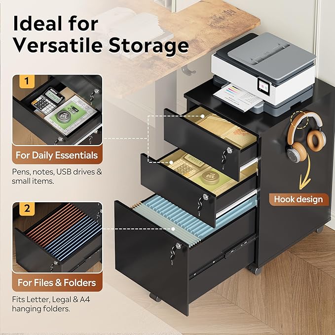 DEVAISE 3 Drawer File Cabinet with Individual Locks, Wood Filing Cabinet for Home Office, Mobile Printer Stand with Wheels, Under Desk Storage for Letter/A4/Legal Size, Black