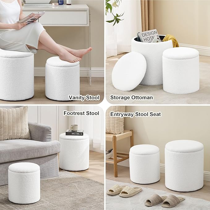 oakvivo Round Set of 2 Ottoman with Storage, Boucle Storage Ottoman Foot Stool, Soft Teddy Upholstered Small Vanity Stool, Ottomans Padded Seat Foot Rest for Living Room Bedroom, White