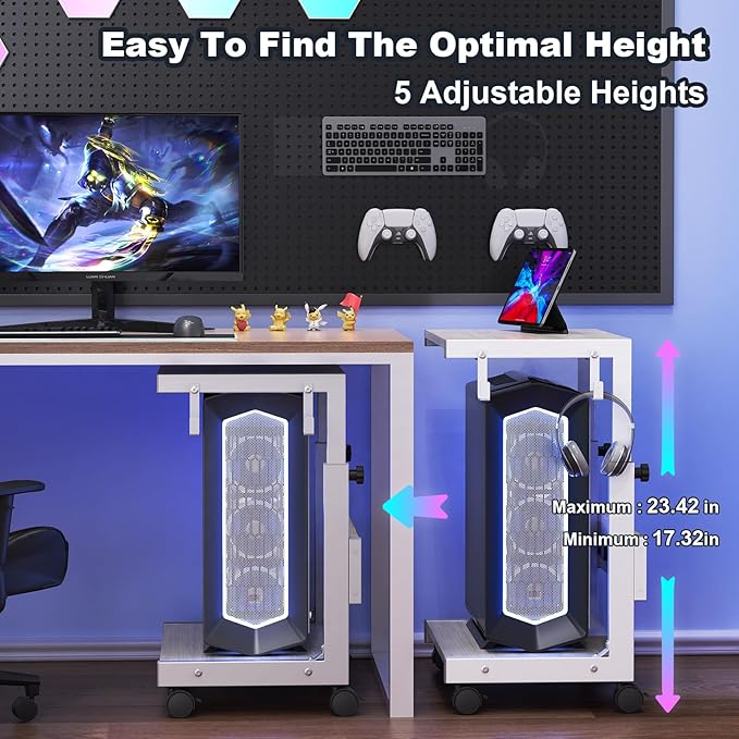 Computer Tower Stand with Charge Station and USB Charging Port - Height Adjustable PC Tower Stand, Under Desk CPU Holder Cart with Locking Caster Wheels for Fits Most PC
