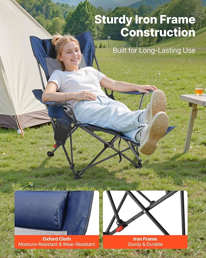 VEVOR 2-in-1 Reclining Camping Chair with Footrest for Adults, 4 Adjustable Positions, Portable Folding Lounger, Lightweight Mesh Beach Chair Supports 220lbs, Heavy Duty Camp Chairs Outdoor, Blue