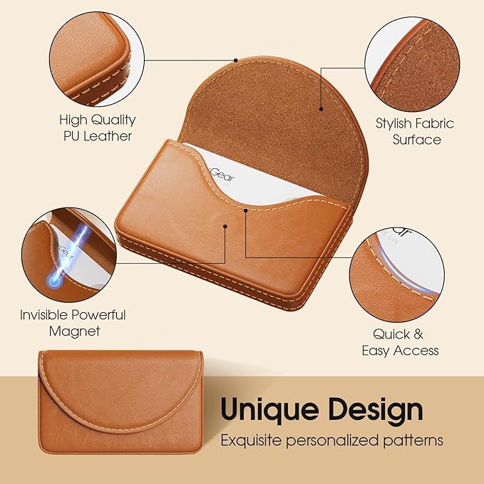 MaxGear Business Card Holder Case, PU Leather Business Card Case for Purse, Pocket Travel Name Card Holder Wallet for Men or Women Gift, Portable Magnetic Business Card Carrier, Slim, Light Coffee
