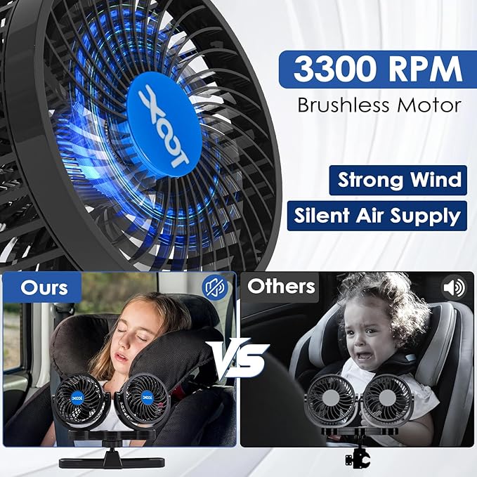 XOOL USB Dual Head Backseat Car Fan – 360° Rotatable Rear Seat Air Circulator with Stepless Speed & Adjustable Clip for Kids in SUV, Truck, RV