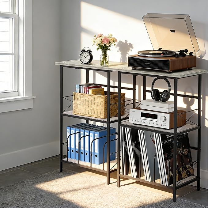 Record Player Stand with 4 Adjustable Dividers, Vinyl Record Storage Holds 200 LPs, 3 Layer End Table, Multi-Functional Record Player Table for Home, Grey