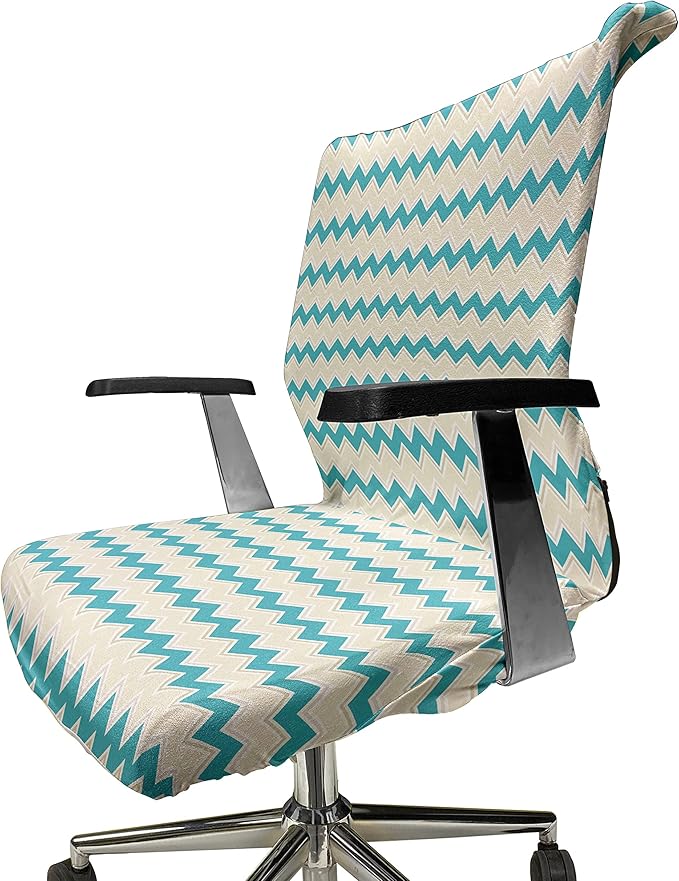 Ambesonne Teal Office Chair Cover, Horizontal Zigzag Lines Chevron Triangles Pattern Simple Classical Geometric Design, Stretchable Decorative Universal Size High Back Printed Slipcover, Cream Teal