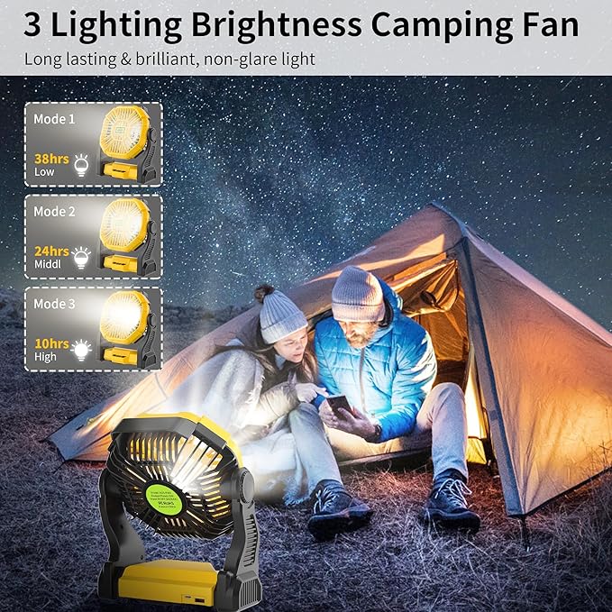 TDLOL Portable Camping Fan Cordless Battery Powered，270° Rotating Portable Battery Operated Rechargeable Fans, 360° Hanging Hook, USB Personal Outdoor Camping Fans for Tents,Travel X23 Yellow