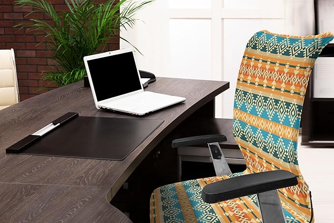 Ambesonne Southwestern Office Chair Cover, Striped Backdrop GeometricTribal Motif Native Mexican Cultural Heritage, Stretchable Decorative Universal Size High Back Printed Slipcover, Cream Orange Blue