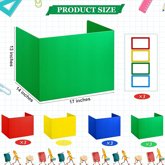 12 Pack Desk Divider for Students Assorted Colors Classroom Privacy Boards with Name Labels Easy to Clean Plastic Guard Shields for School Desks