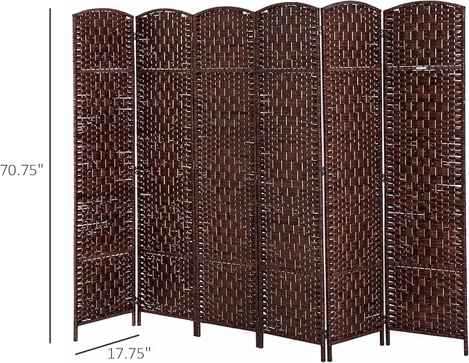 HOMCOM Room Divider 6 Panel, 6FT Tall Folding Privacy Screen, Freestanding Hand-Woven Partition for Room Separation with 360° Hinges, Paper Rope Diamond Weave, Brown