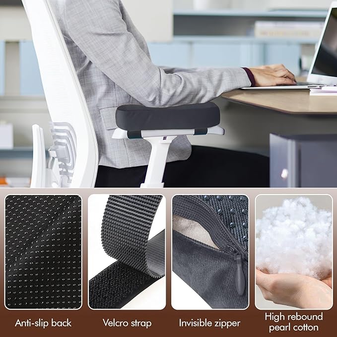 WdFour 2-Pack Non-Slip Armrest Pads for Office & Gaming Chairs - Ergonomic Forearm Support Pillow for Desk, Computer & Wheelchair, Pressure Relief Cushions,Dark Gray
