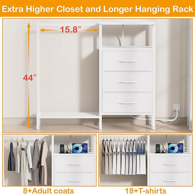 Dresser for Bedroom with Hanging Rack, 3 Drawers Closet with Charging Station, Fabric Chest of Drawers with Clothes Rack, Storage Organzier for Hallway Entryway, White