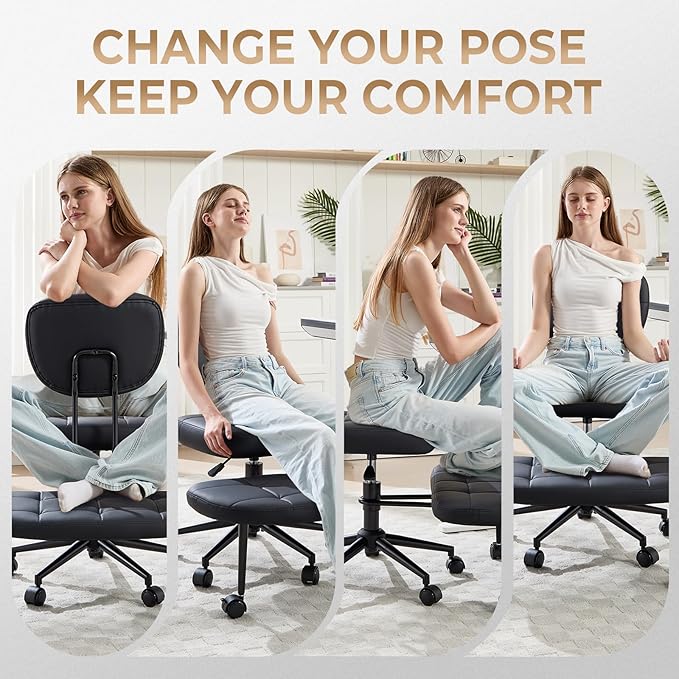 Criss Cross Chair Armless Office Chair for Cross Legged Sitting, 300lb Heavy Duty Ergonomic Desk Chair for ADHD, Adjustable Meditation Yoga Kneeling Chair with Brake Wheels for Home Office (Black)