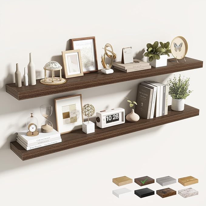 Acovy 48 Inch Floating Shelves for Wall 2 Pack, 48" Wall Shelves for Books, Storage, Decor, Wall Mounted Floating Shelf with Invisible Brackets for Kitchen, Living Room, Walnut