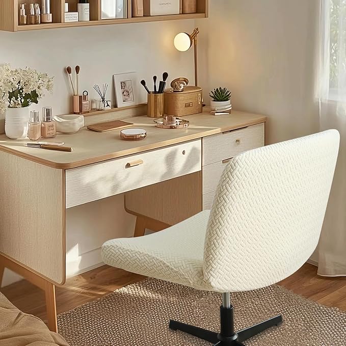 Criss Cross Chair Cover Beige Jacquard Armless Mid-Back Wide Office Desk Chair Covers for Vanity Chairs Washable (T Shape-Beige)