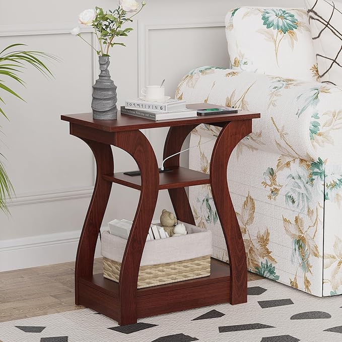 FROMJBEST End Tables Living Room Set of 2,Cherry End Table with Charging Station,Side Table, Nightstand for Bedroom, 3 Tier End Table with Storage Shelf for Living Room(Cherry)