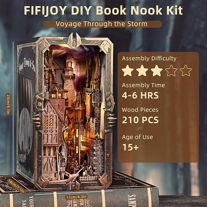 fifijoy Viking Book Nook Kit - DIY Miniature House Dollhouse Kit for Adults Teens, Booknook Tiny House Bookshelf Insert Decor 3D Wooden Puzzle, Gifts for Family, Friends (Voyage Through the Storm)