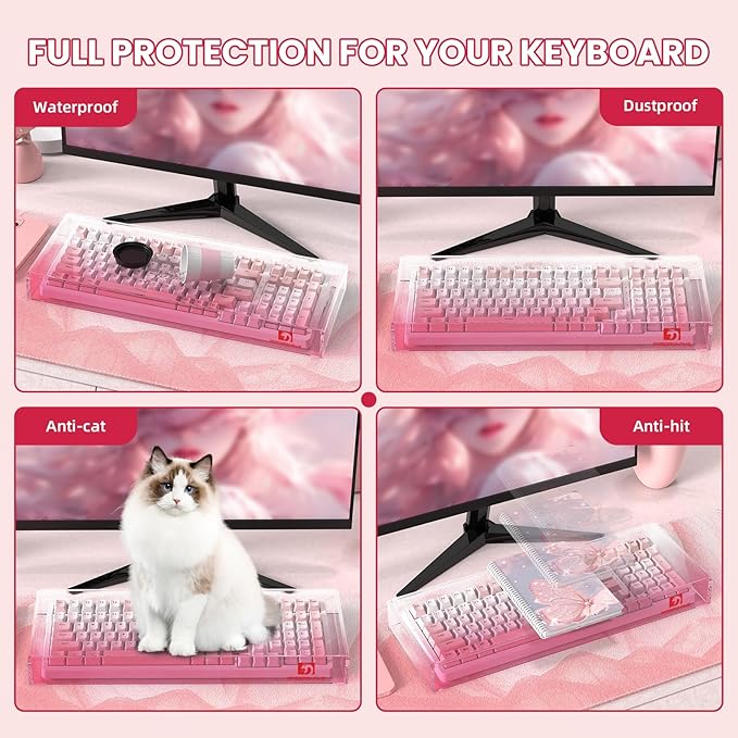 ZIYOU LANG KC04 Acrylic Clear Transparent Keyboard Cover(17.4*6.5*1.89’’) with Dustproof Waterproof Anti-hit Anti-cat Protective Case for Compact Layout 94/96/98Key Mechanical Gaming Keyboard(Pink)