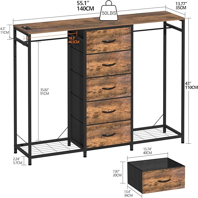Espelism Dresser for Bedroom with Clothes Rack 5 Drawer Dresser with Charging Station LED Lights White Chest of Drawers Flexible Shelf and Open Storage Space for Bedroom Living Room (Brown)
