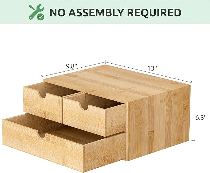 Desk Organizer with Drawers - Bamboo Desktop Organizer Storage | White-Natural Wood Desk Drawers Organizer for Bills, Office Supplies, Cosmetics, Seals No Assembly Required