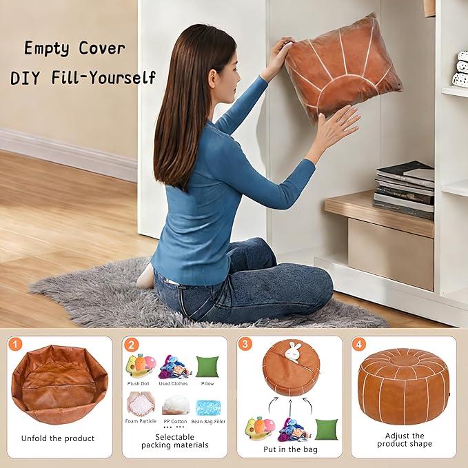 Thgonwid Unstuffed Moroccan Storage Pouf Foot Stool Ottoman Seat, No Filler Included, Handmade Faux Leather Bean Bag Floor Chair Foot Rest for Living Room, Bedroom or Balcony, Brown