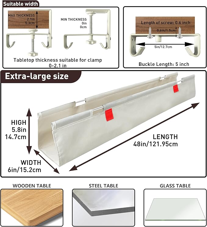 Under Desk Cable Management No Drill – 48" L x 6" W Cord Organizer, Upgraded Silicone Pads (No Scratch!), 16 Cable Slots, Washable PE Honeycomb Base, Fits Desks 0–2.1" Thick, Beige