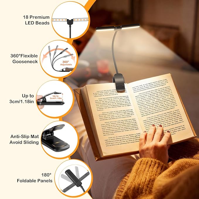 18 LED Rechargeable Book Light for Reading in Bed - Eye Caring 3 Color Temperatures & Stepless Dimming & Memory Function, 180° Foldable Panels, Clip On Book Reading Light for Book Lovers